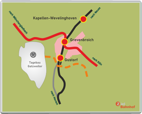 Tagebau Gatzweiler Grevenbroich Gustorf Kapellen-Wevelinghoven nach Mönchengladbach nach Köln nach Horrem nach Neuss